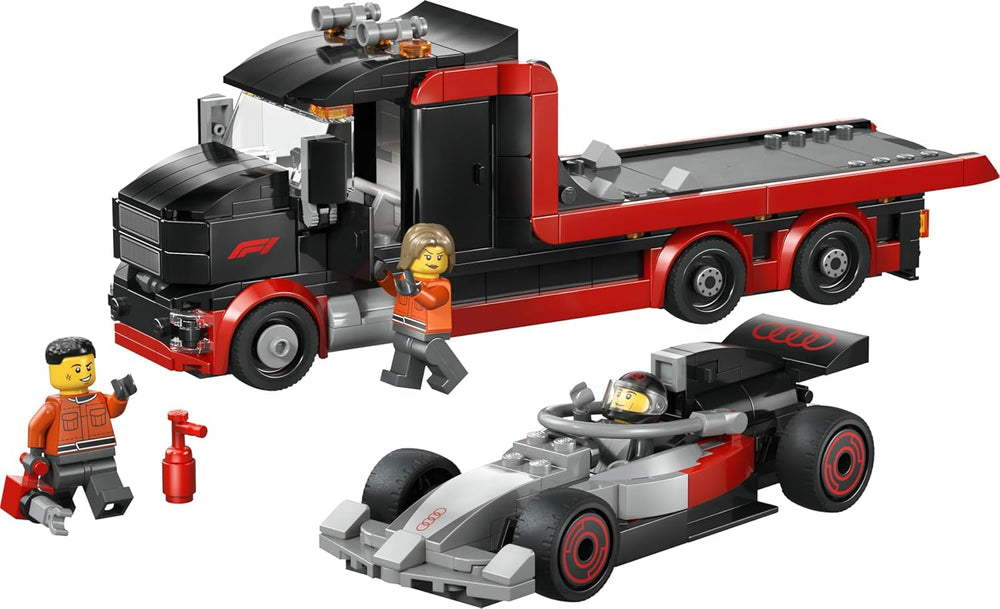 LEGO City F1 Truck mit Audi F1 Rennwagen - Spielzeug Modellbau mit 3 Minifiguren und Fahrzeug Hebefunktion - Geschenkidee für Jungen ab 7 Jahren und Motorsportfans - 60493