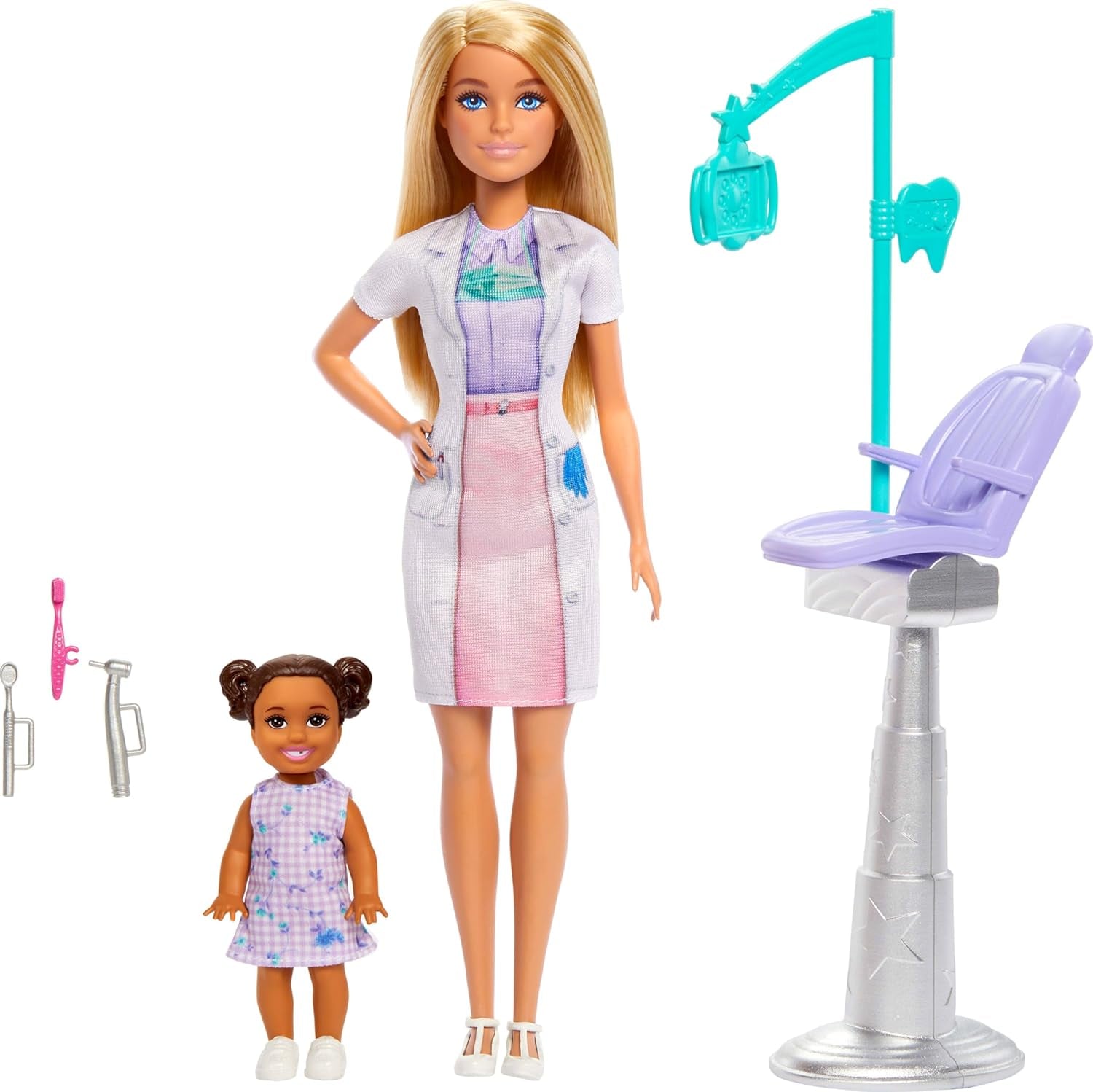 Barbie Zahnärztin-Puppe, Modepuppe mit blonden Haaren, blauem Kleid und Laborkittel, 1 Kinderpuppe, Untersuchungszubehör und passende Accessoires, JCR74