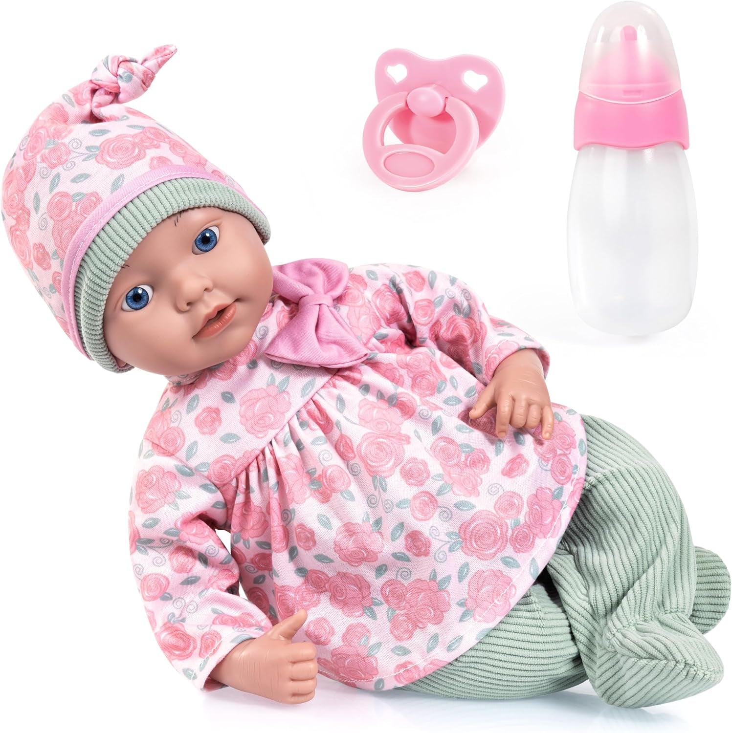 Bayer Design 93827AE Reborn Babypuppe, lebensecht, réaliste, Sucette, Flasche, 38 cm, Blanc, Rosa