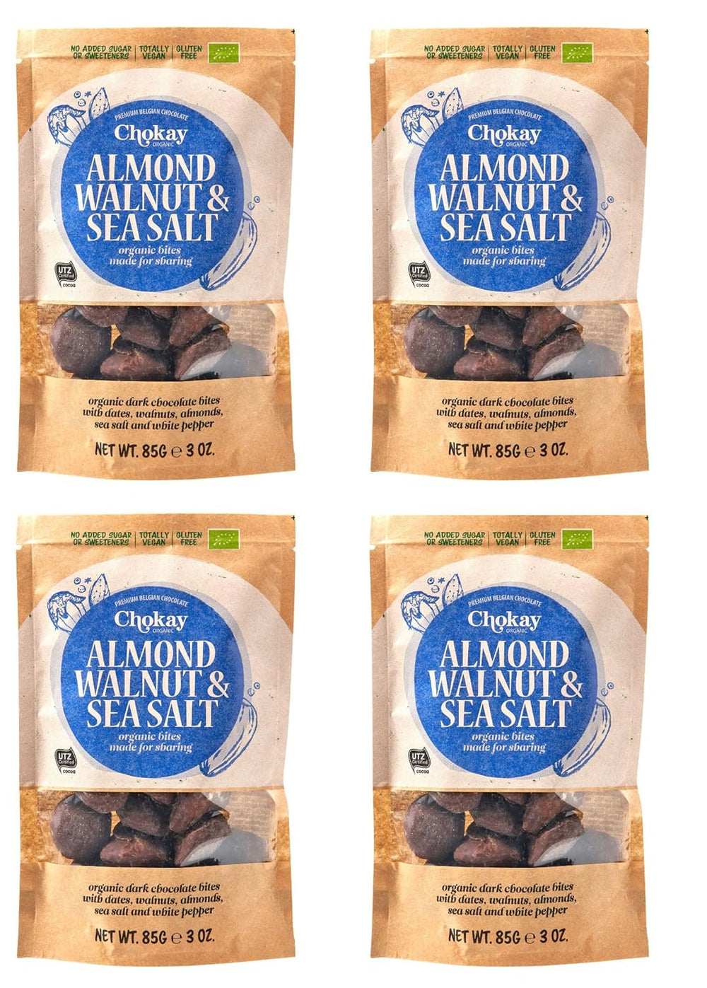Ensemble de 4 bouchées biologiques - Amandes à la cannelle/Amandes à la cannelle dans du chocolat noir belge/Sans sucre ajouté, sans édulcorants/VEGAN & FAIR COMMERCE / 4 x 85g