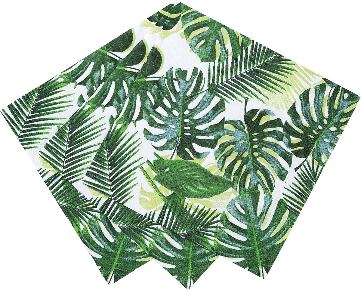 Pack de 20 lingettes tropicales | Serviettes en papier vert avec motif feuille de palmier | Vaisselle jetable pour fête d'enfants, fête safari, jungle, dinosaure, été, thème hawaïen