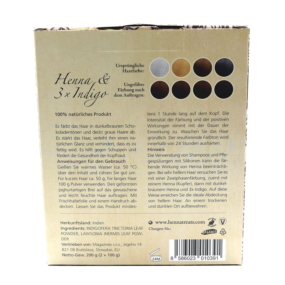 Henné & 3×Indigo - Châtain foncé - Coloration naturelle - Poudre - 200g Teinture cheveux Naty Shop