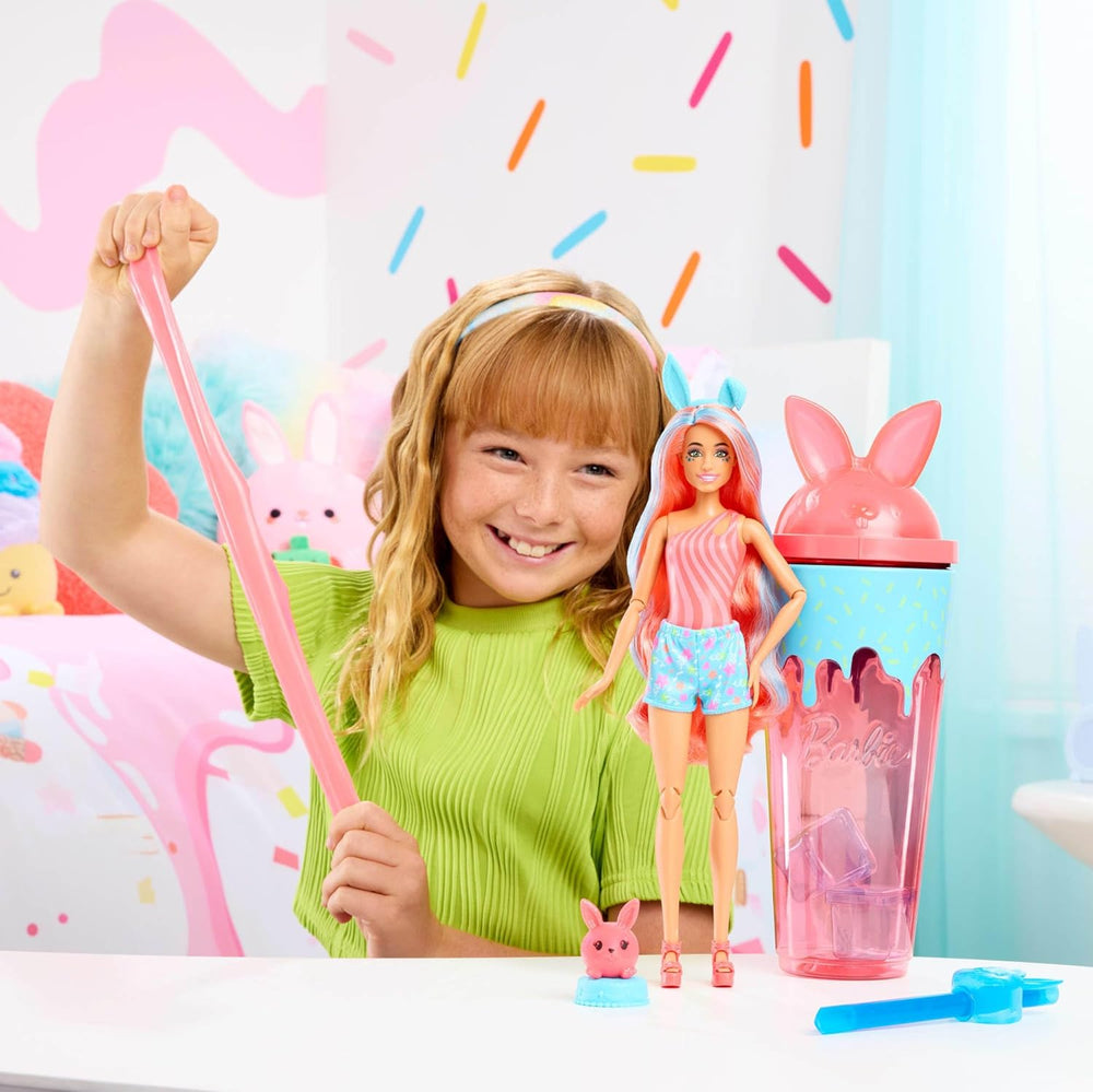 Barbie Pop Reveal – ensemble de poupée et accessoires, série Shakes, jolie poupée tendance chaton parfumé et animal de compagnie avec 8 surprises, y compris changement de couleur JCN87
