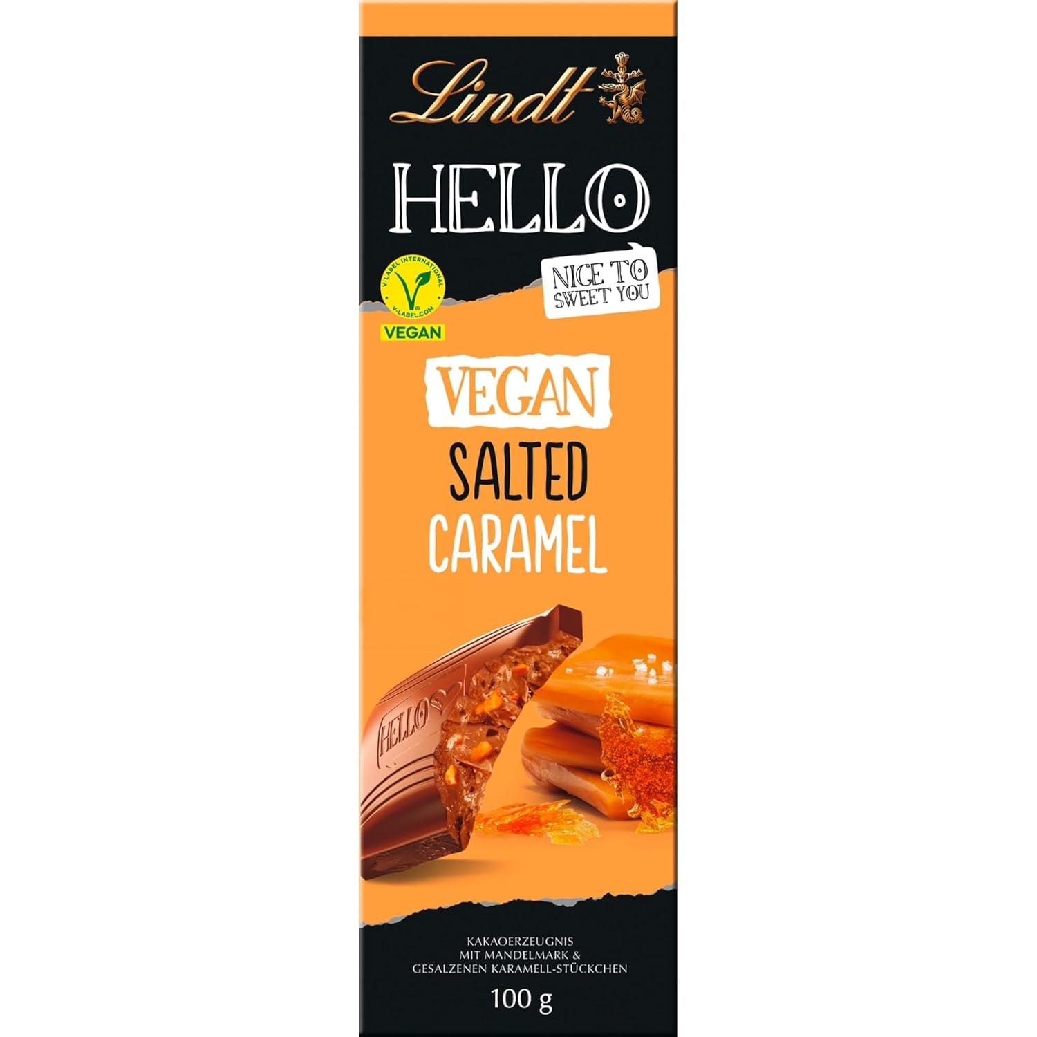 Lindt Schokolade HELLO Tafel Vegan Caramel Salé | 100 g de Tafel | Vegan Mit Kakao, Mandelmark, Karamellzucker et un plat de Salz | Schokoladengeschenk Naty Shop Volle Größe Vegan Caramel Salé