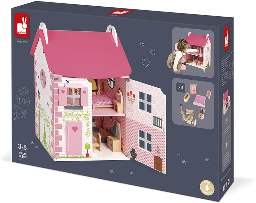 Janod - Maison de poupée en bois Mademoiselle, 3 étages et 11 accessoires, réplique de jouet, développe l'imagination, à partir de 3 ans, J06581, rose Naty Shop Dollhouses