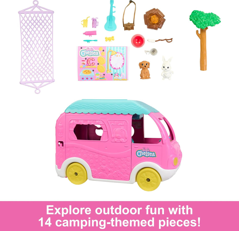 Barbie Chelsea Caravane 2 en 1 – Véhicule jouet avec piscine, hamac et coin repas pour un jeu imaginatif et l'heure du conte, à partir de 3 ans, HNH90