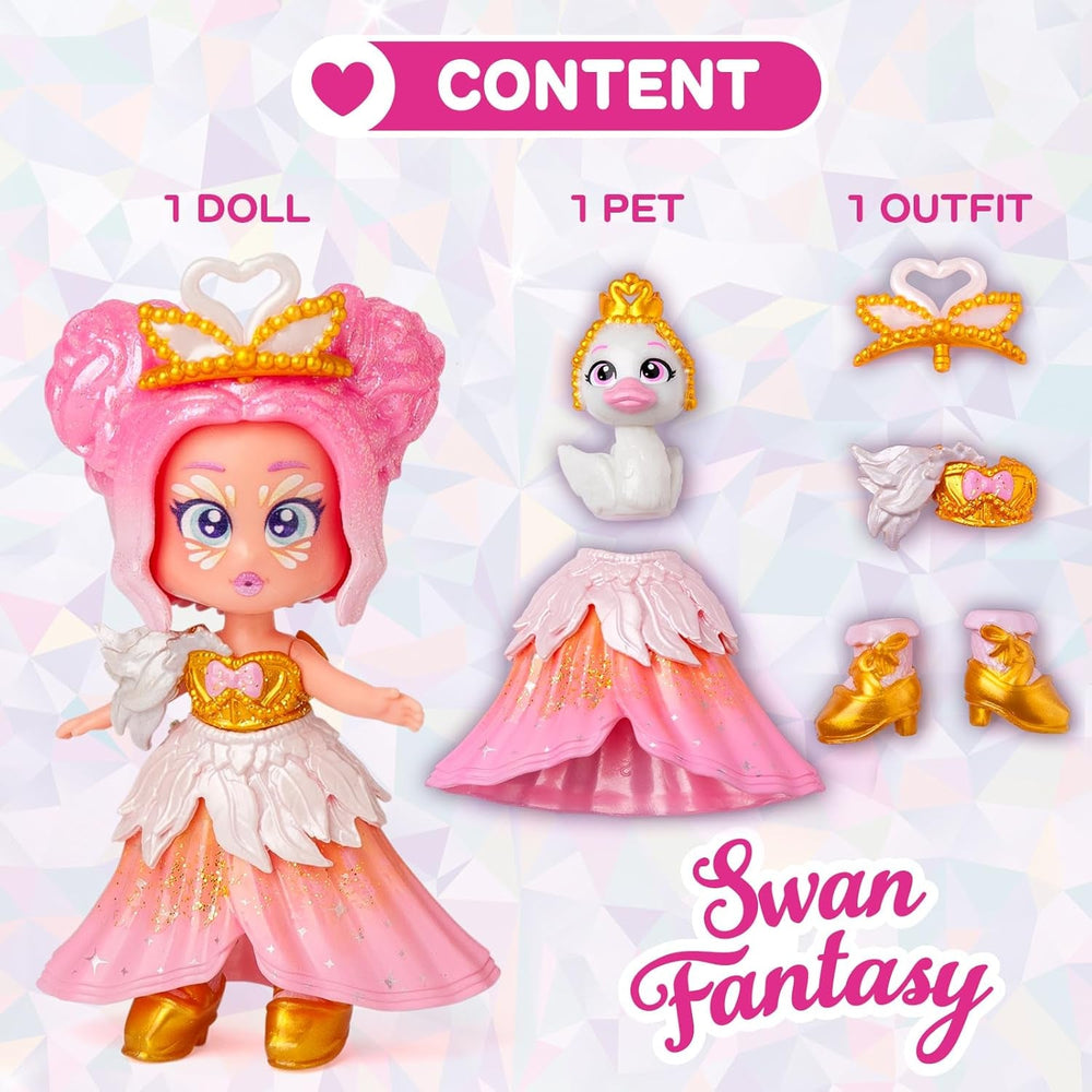 Serie Princess, Swan Fantasy – Sammelpuppe aus der Princess-Serie. Enthält Puppe, Set aus Kleidung und Schuhen mit Prinzessinnen-Thema, Zubehör und Haustier. 1 Puppe, 3 Verschiedene