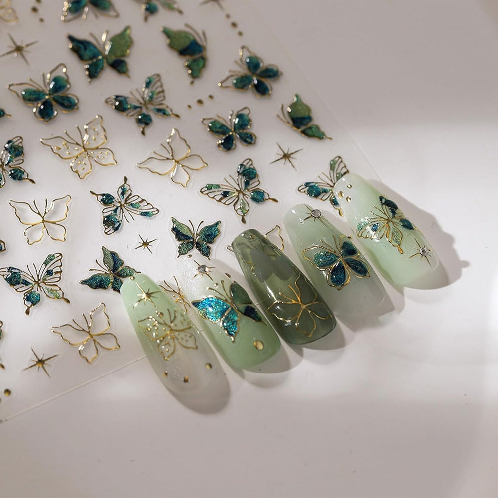 JMEOWIO 3D Nagelsticker Vert Or Schmetterling Nail Art Autocollant Selbstklebend Nagelaufkleber 5D Stéréoscopique Décoration Nageldesign Zubehör 1 Blatt