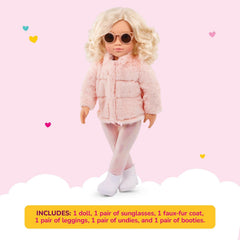 Our Generation - AVA - 46 cm-Modepuppe - Lebensechte hellblaue Augen & gewelltes Blondes Haar - Rosa Kunstpelz-Mantel-Outfit - Vorgetäuschtes Spiel - Spielzeug für Kinder ab 3 Jahren