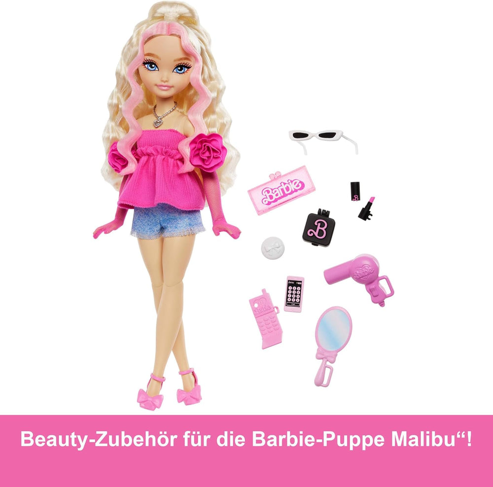 Poupée et accessoires Barbie Dream Besties, parfaite poupée Barbie Malibu avec cheveux blonds clairs, 11 pièces pour le maquillage et les cheveux à thème, HYC21