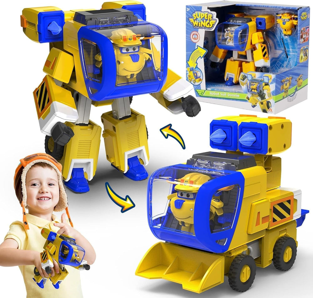 Super Wings EU750322 - Transformation du nouveau costume de robot Donnie, env. Grande figurine d'action de 23cm pour enfants, jouet Transformable, avion et Robot, figurines d'action jaunes Naty Shop Donnie