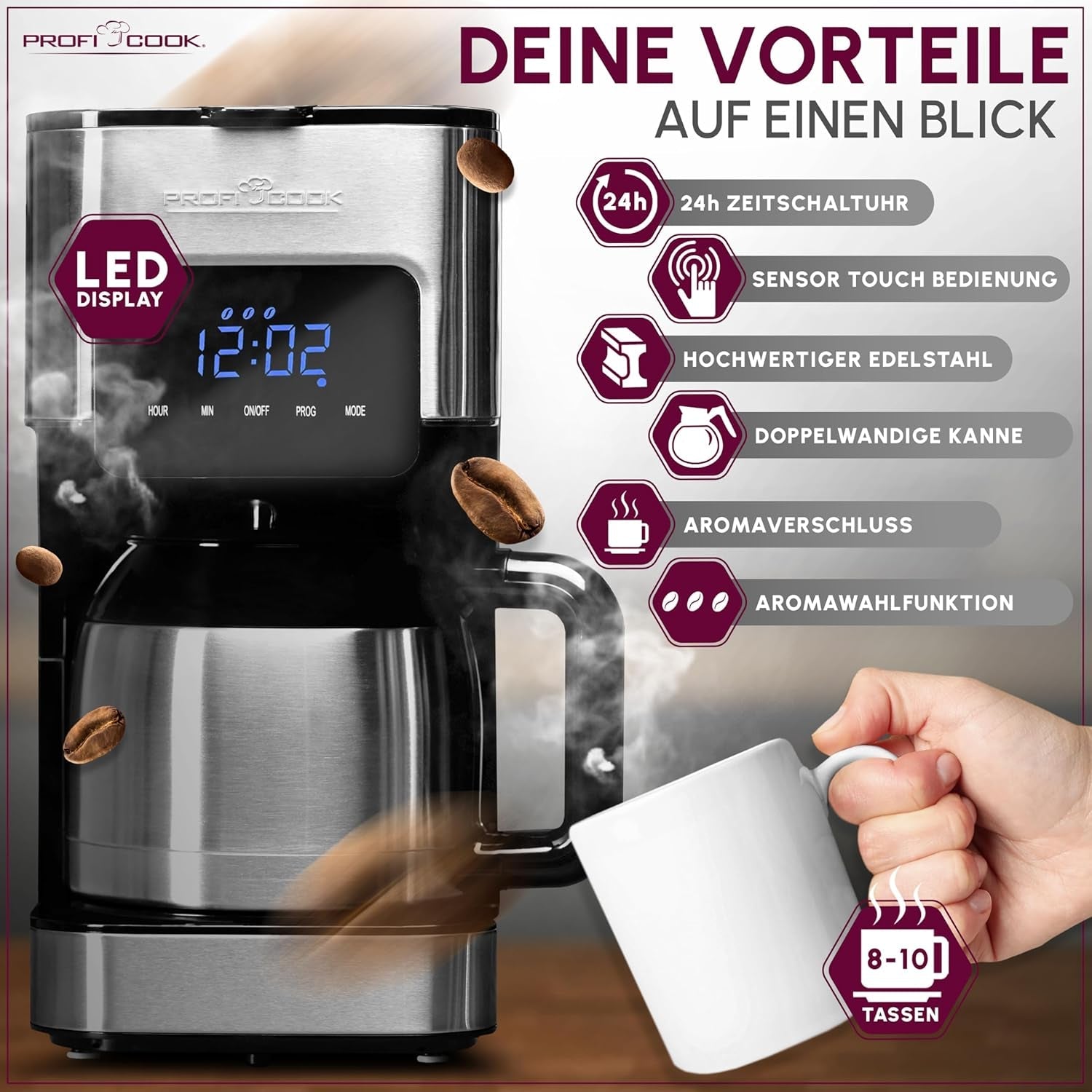 Machine à café Profi Cook | 8-10 tasses | Minuterie | Commandes tactiles à capteur | Carafe thermos à double paroi de 1,2 litre | Sceau de saveur | Cafetière filtre en inox | PC-KA 1191