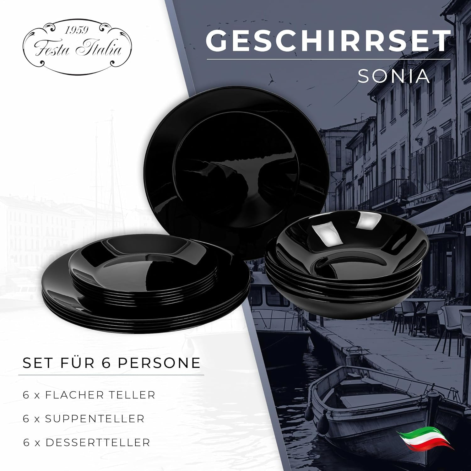 Service de table pour 6 à 18 pièces – Service de table en verre opale – Service de table noir – Service de bol et d'assiettes – Vaisselle moderne – Assiettes – Service de table – Service de table pour 6 personnes