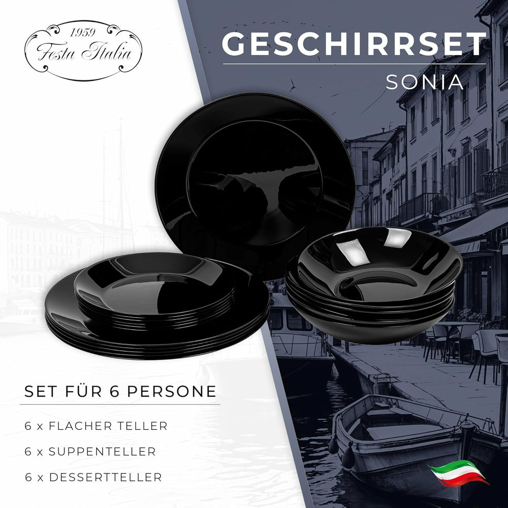 Service de table pour 6 à 18 pièces – Service de table en verre opale – Service de table noir – Service de bol et d'assiettes – Vaisselle moderne – Assiettes – Service de table – Service de table pour 6 personnes
