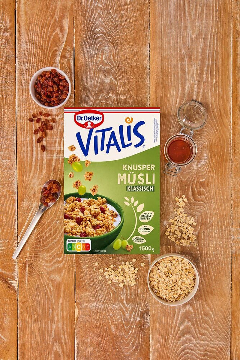Dr. Oetker Vitalis Classic Crispy Muesli : Grand paquet de muesli croustillant pour petit-déjeuner aux raisins secs, 1 paquet, 1,5 kg