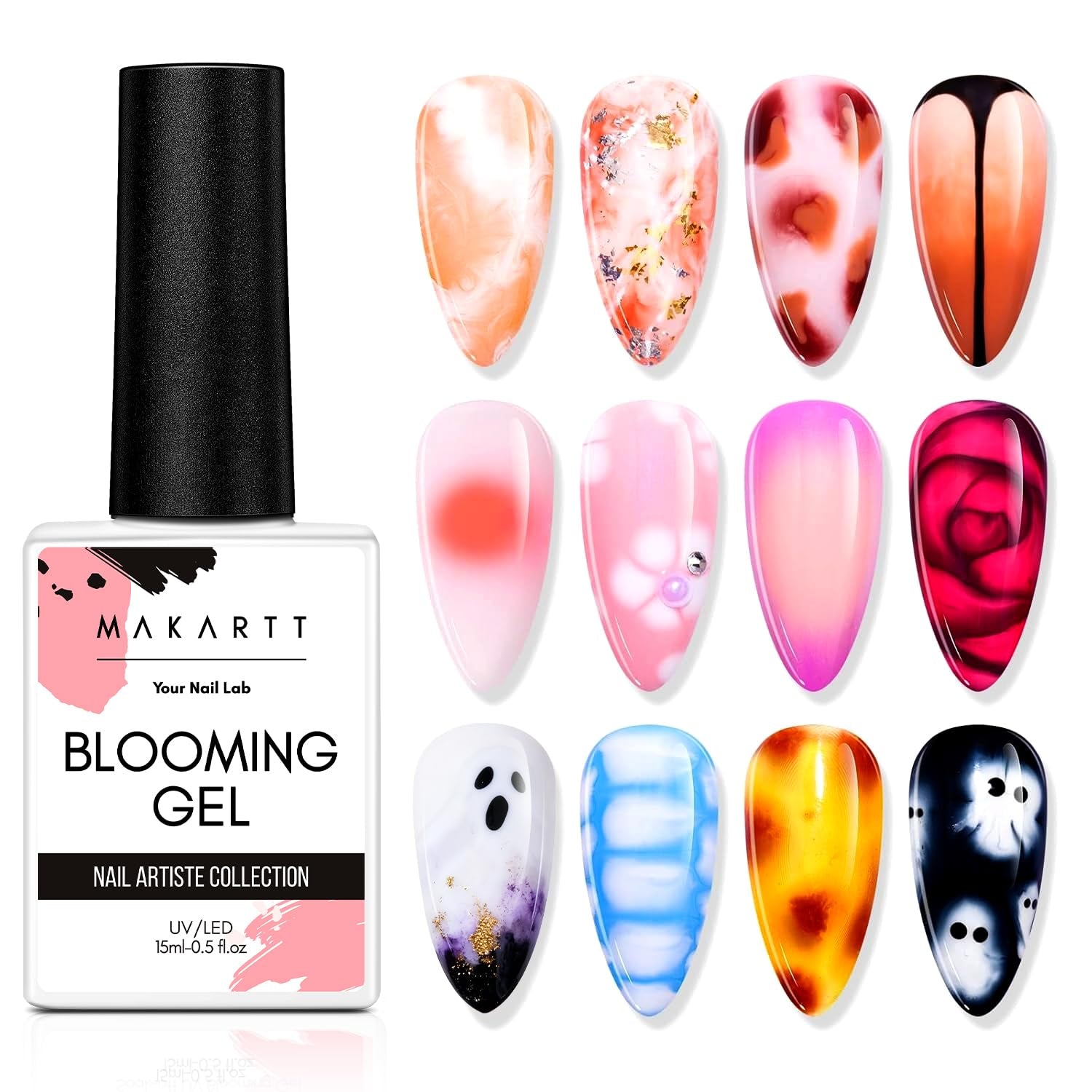 Makartt Blooming Gel Vernis à Ongles – 15 ml Blooming Gel Vernis à Ongles Extension avec Couleur Marbre, Gel Peinture, DIY Manucure Designs d'Ongles, Fleurs, Animaux, Aquarelle, Kit de Manucure Magique