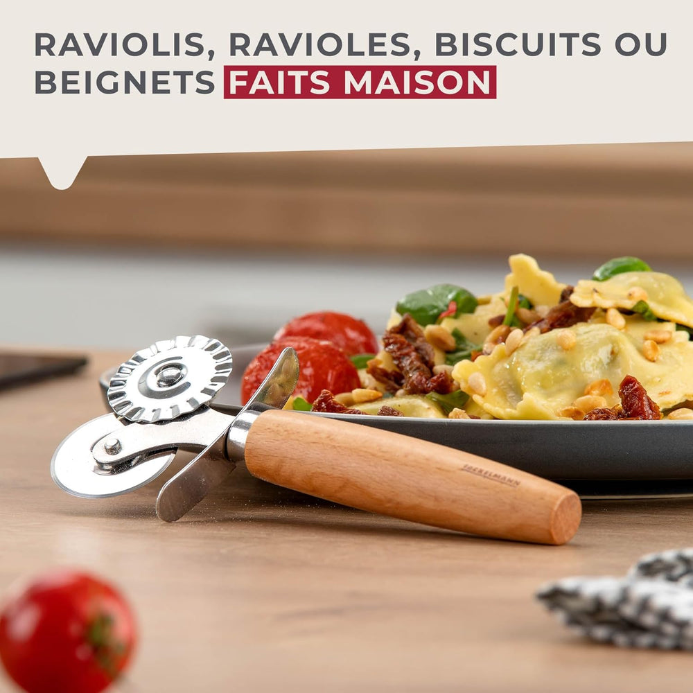 Roulette à pâtisserie Fackelmann pour raviolis, Maultaschen ou biscuits - Roulette à pâtisserie en alliage de zinc en acier inoxydable - pour pâtes maison - Manche ergonomique en bois de hêtre