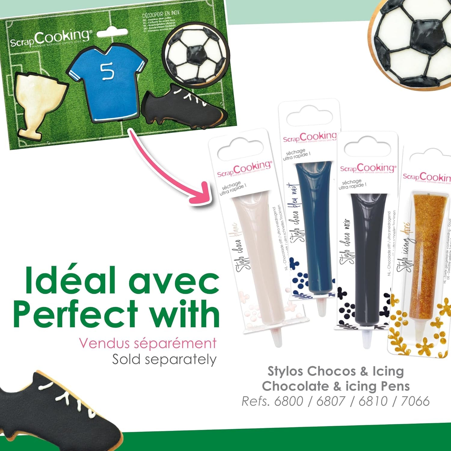 SCRAP COOKING 4 Emporte-pièces en Forme de Football - Emporte-pièces en Acier Inoxydable - Football, T-Shirt, Chaussure, Tasse - Mini Moules à Gâteaux - Accessoires de Pâtisserie, Décorations d'Anniversaire - 2086