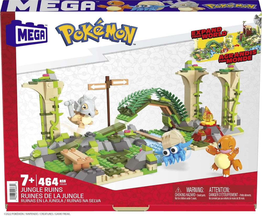 Mega Pokémon Figuren Bauset Dschungel Ruinen, 464 Teile, mit Glumanda, Tragasso und Amonitas-Figuren, Pokémon Spielzeug, Spielzeug ab 7 Jahren, HDL86