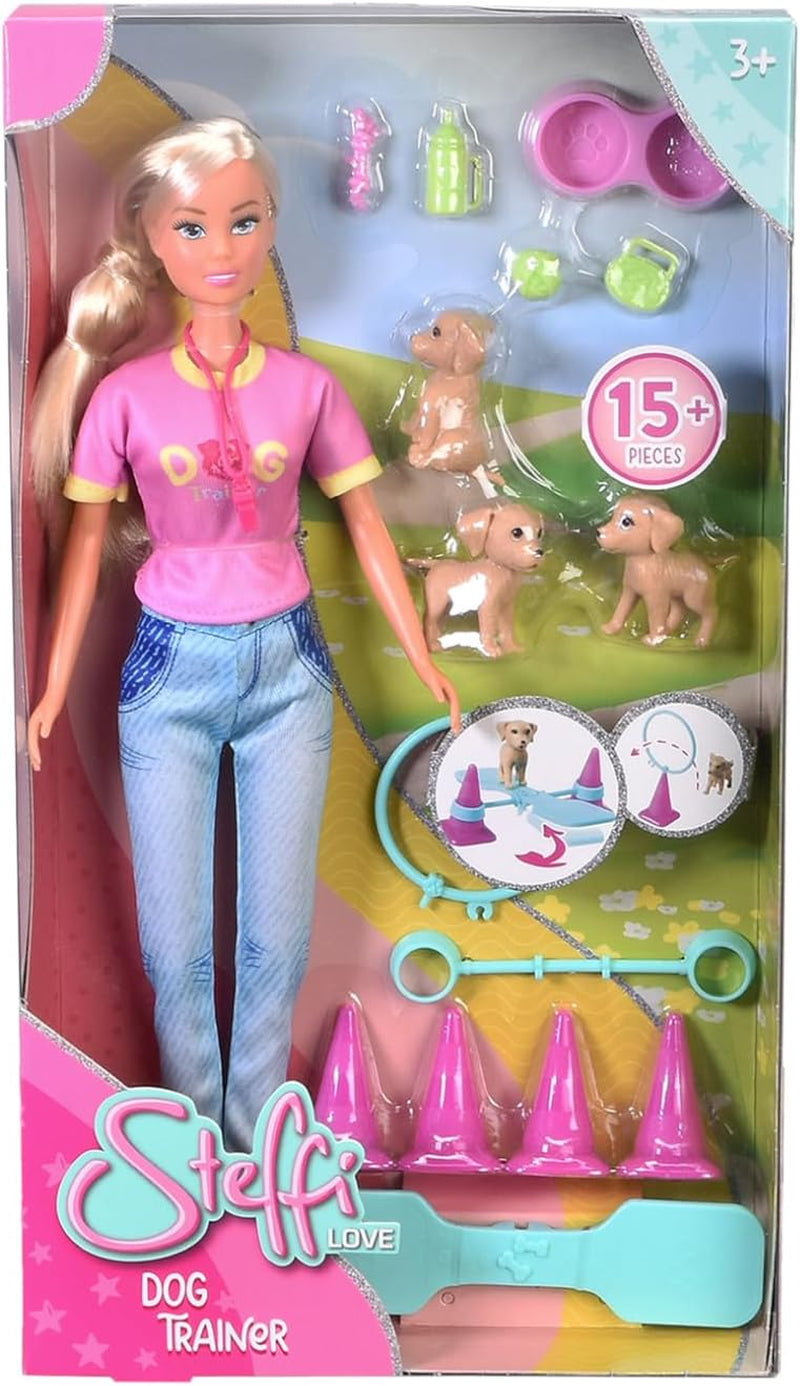 Simba Steffi Love Dog Trainer, poupée jouet comme dresseur de chiens avec cours de dressage, 3 chiens et accessoires, 29 cm, à partir de 3 ans