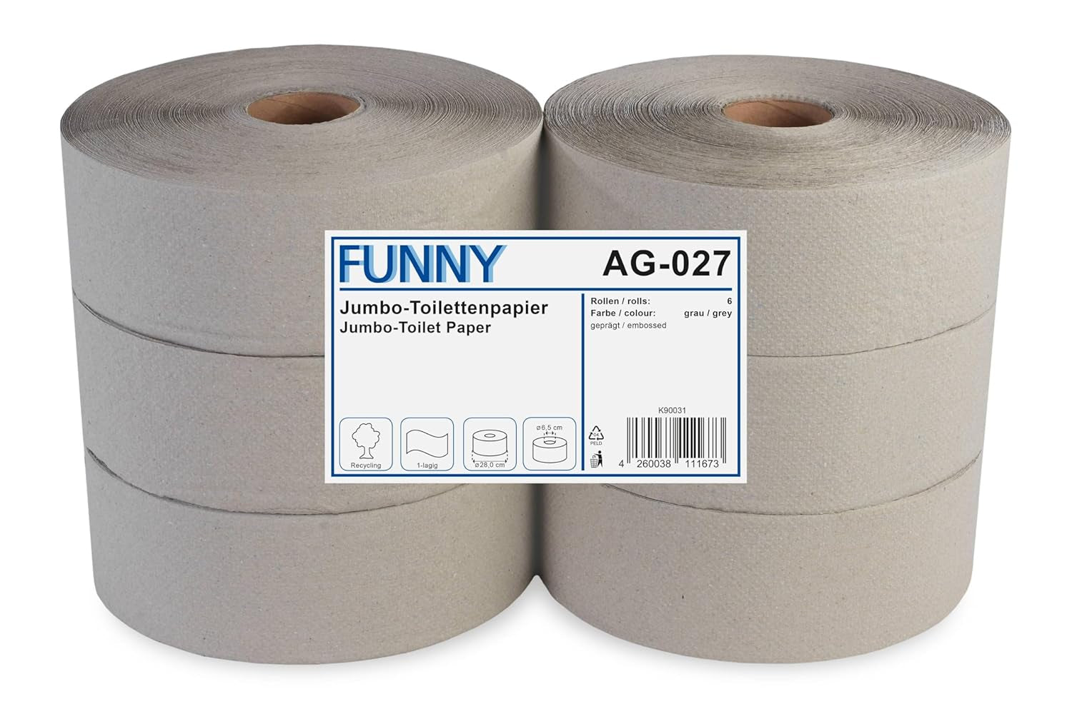 Funny AG-027 Papier toilette géant, 1 pli, recyclé, diamètre 28 cm (paquet de 6)