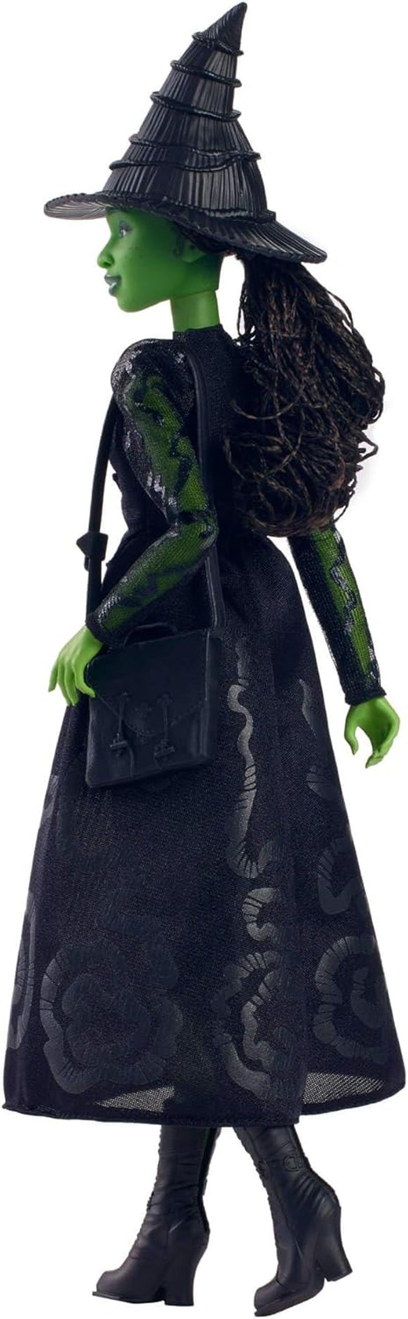 Mattel Wicked Elphaba Poupée mannequin et accessoires avec peau verte, cheveux tressés noirs, diverses poses possibles et apparence de robe de bal amovible, HXT62, [Multicolore]