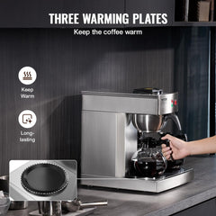 VEVOR Machine à expresso à filtre commerciale de 12 tasses avec 3 carafes en verre et 3 plaques chauffantes Machine à expresso en acier inoxydable avec alimentation en eau automatique pour restaurant, bureau, café