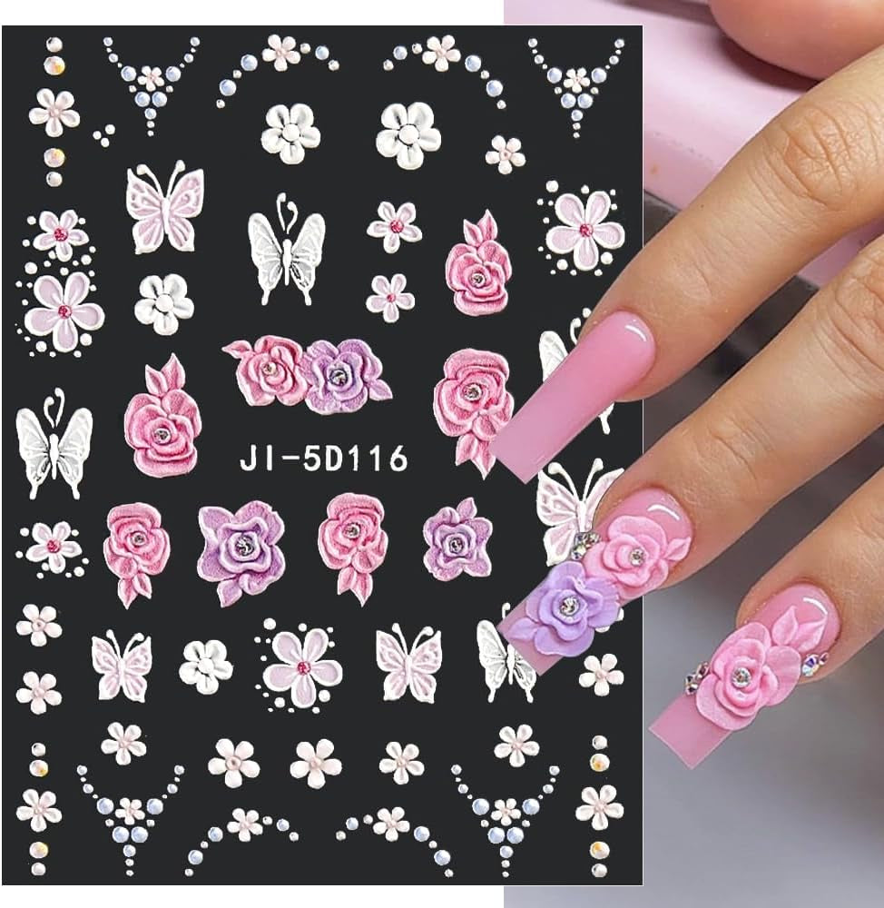5D Fleurs Autocollantes Pour Ongles Feuilles De Feuilles Autocollantes Acryliques Feuilles Autocollantes Pour Ongles Schmetterling Feuilles De Fleurs Autocollants Pour Ongles Aufkleber Nägel Zubehör Flower Nail Art Stickers