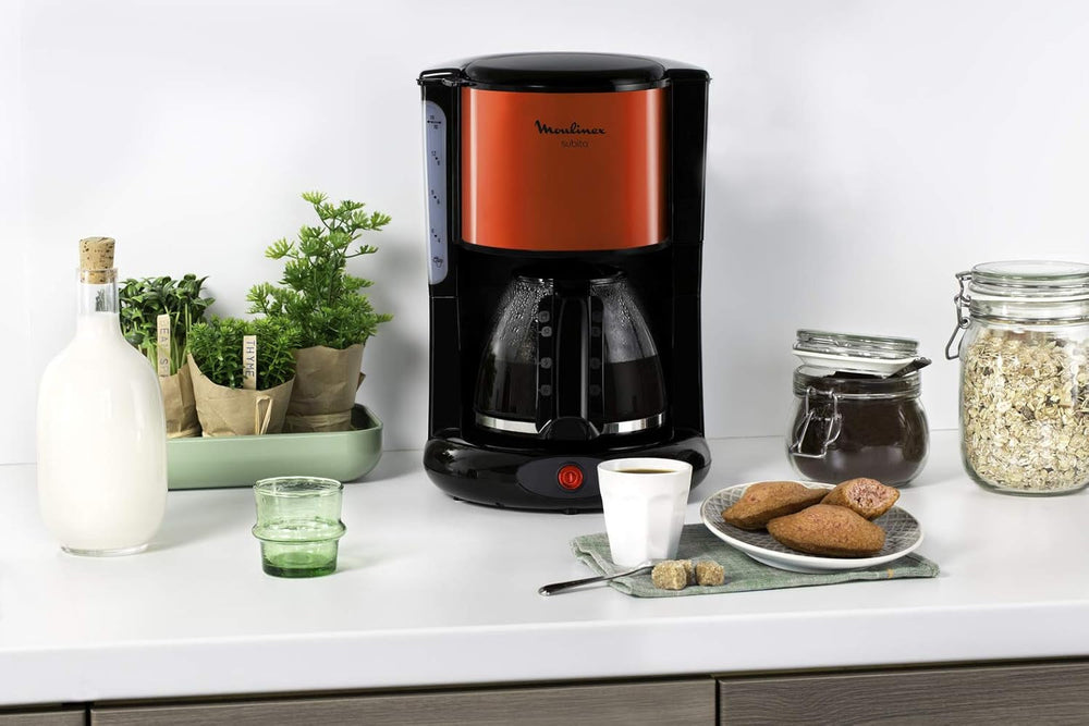 Machine à expresso Subito avec filtre, carafe en verre, 10-15 tasses, capacité 1,25 L, arrêt automatique, filtre amovible, indicateur de niveau d'eau, acier inoxydable, rouge/noir, FG360D