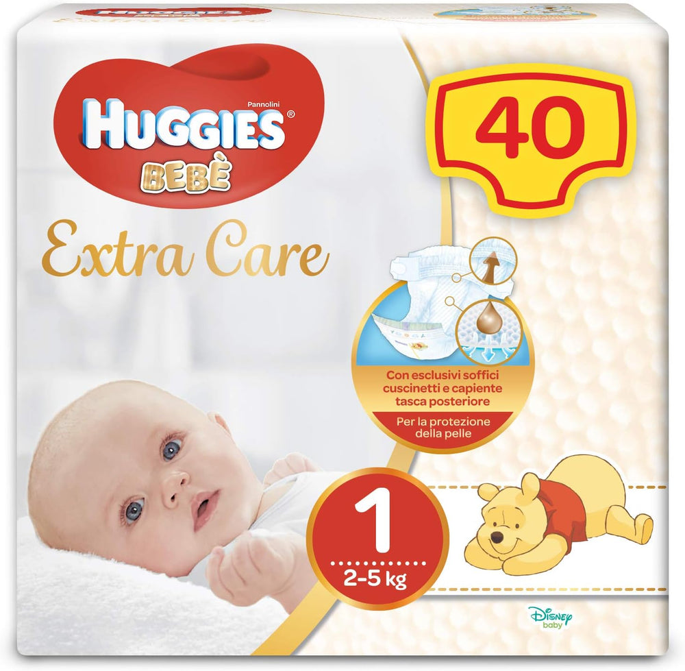Couches Huggies Extra Care pour bébés, taille 1 (2-5 kg), super absorbantes, protection complète, design Disney, 40 pièces.