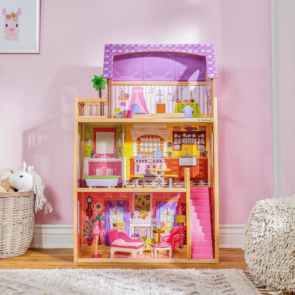 KidKraft Casă de păpuși Kayla din lemn cu mobilier și accesorii, set de joacă cu 3 niveluri pentru păpuși de 30 cm, jucărie pentru copii de la 3 ani în sus, 65092 - Exclusiv pe Amazon