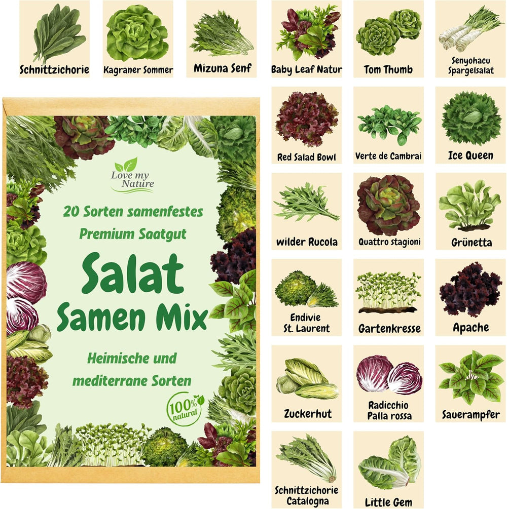 Mélange de graines de salade – Ensemble de 20 variétés – Salades de récolte, de coupe et d'hiver rapides – 100 % naturelles – Sans stimulants de croissance – Emballé avec amour – Comprend des instructions et un étiquetage individuel