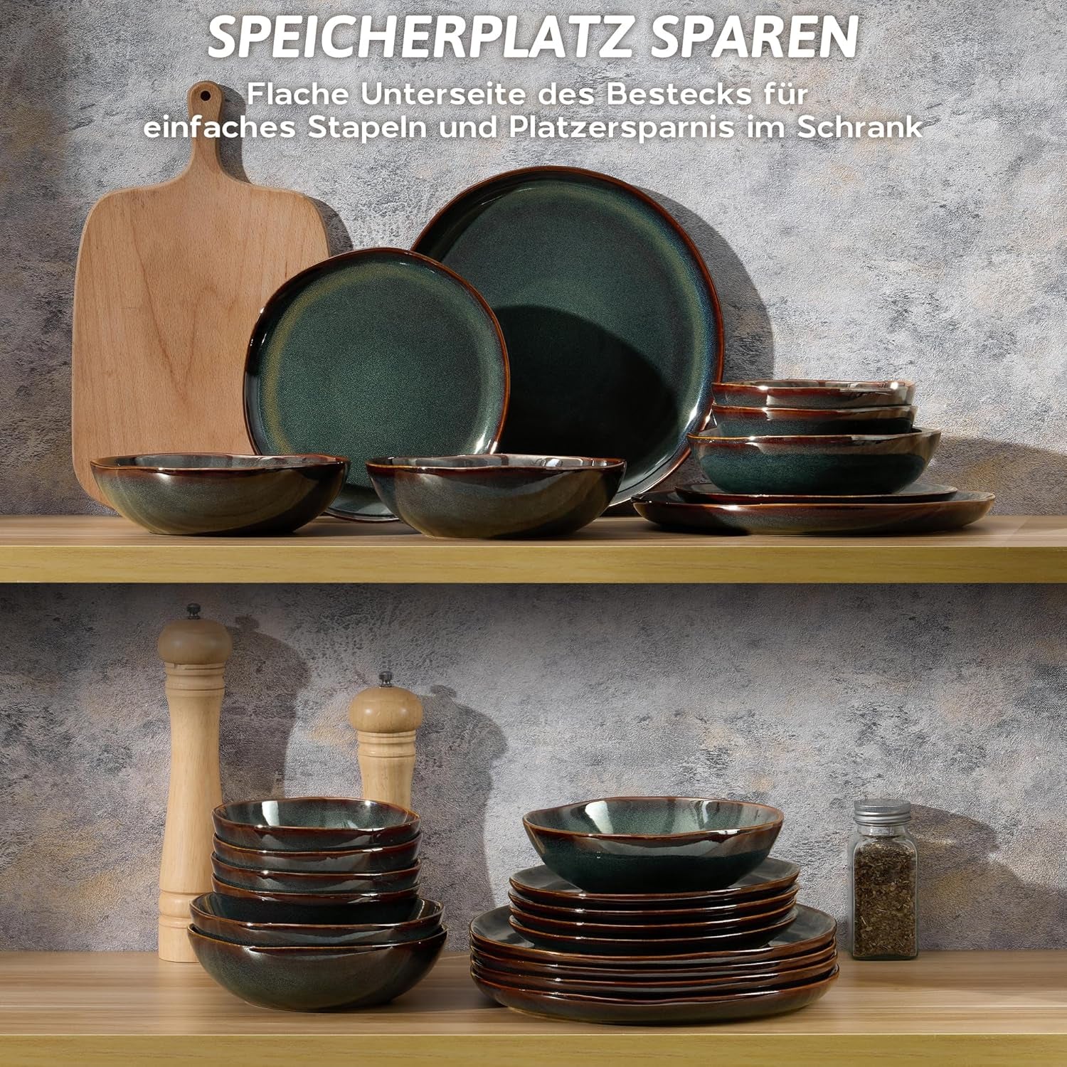 Service de table pour 6 personnes, 24 pièces en carreaux de céramique, service de table rond irrégulier avec assiettes, assiettes à dessert, bols à céréales, passe au micro-ondes et au lave-vaisselle, vert toundra réactif