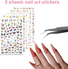 Ensemble d'autocollants et d'accessoires pour ongles - 5 autocollants pour ongles, pinceau, pierres, ruban décoratif, feuille d'or - Parfait pour la manucure et les ongles en gel - Ensemble de 50 pièces