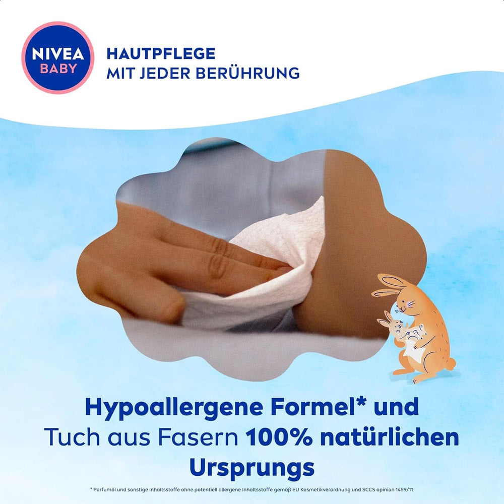 Lingettes humides NIVEA Baby AQUA, lingettes bébé pour un nettoyage délicat des peaux sensibles, lingettes humides pour bébé hypoallergéniques et sans parfum à 99% d'eau (4 x 57 pièces) Lingettes humides bébé Naty Shop