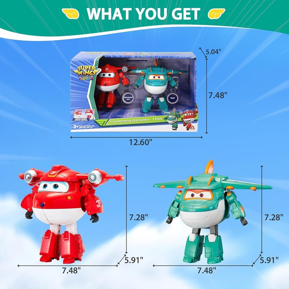 Super Wings 5" Transforming Characters 2-Pack Transforming Supercharged Jett + Tino Transformer Toy pour garçons et filles à partir de 3 ans Figurines d'action rouges Naty Shop