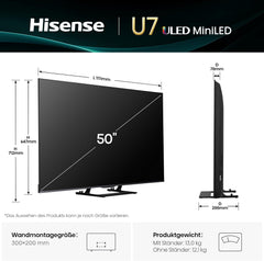 Televizor Hisense 50U7Q de 50 de inci, mini LED ULED 4K, Smart TV, motor Hi-View AI, mod de joc Pro la 144Hz, FreeSync Premium, subwoofer încorporat, Dolby Vision IQ Atmos, AirPlay, control vocal [2025]