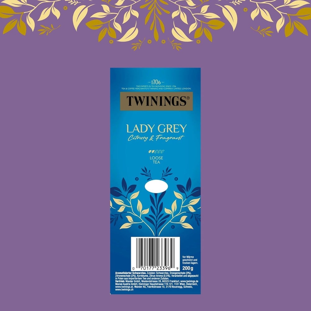 Ceai negru Twinings LADY GREY vrac în cutie de ceai – ceai negru, amestec de soiuri de ceai chinezesc cu coajă de portocală și lămâie, completat cu aromă de bergamotă (200 g)