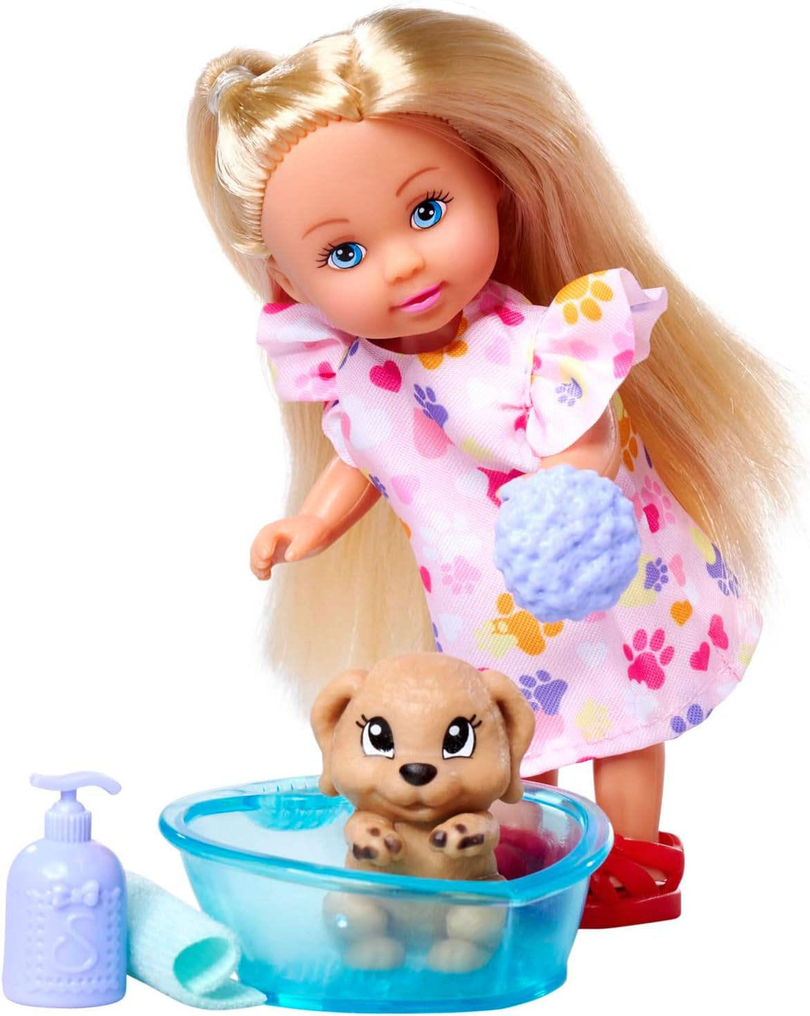 Simba Evi Love Dog Bath, Spielpuppe mit Hund, der Schmutz an seinen Pfoten hat, inkl. Badewanne und Handtuch, 8 Teile, Zubehör, 12cm, ab 3 Jahren