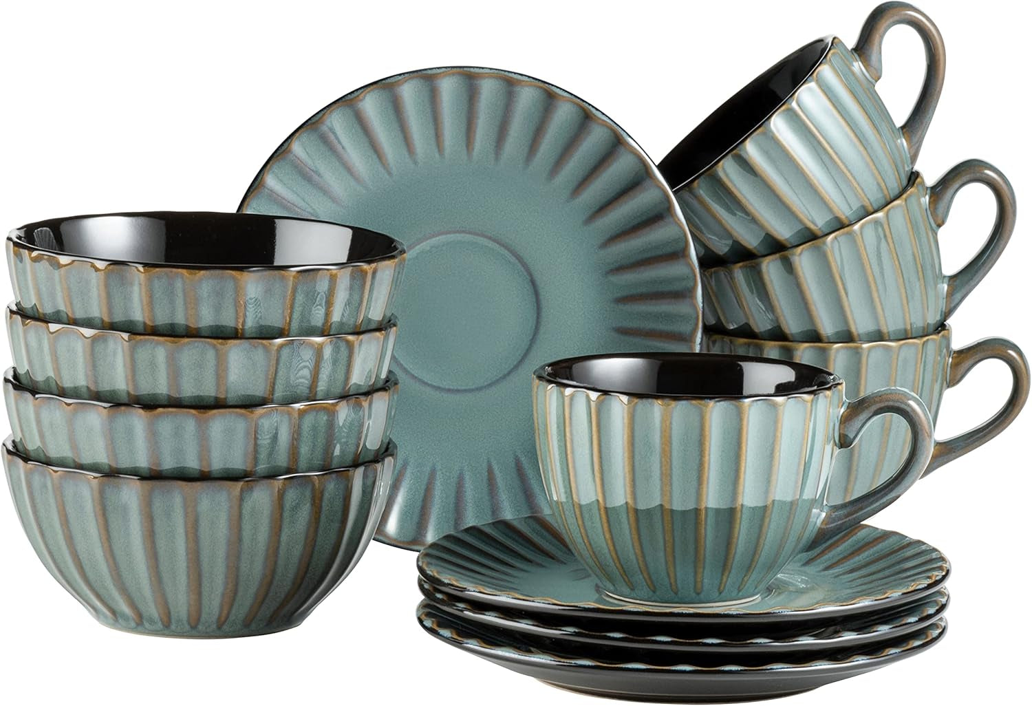 MÄSER 931966 Série Confino Service de table pour 4 personnes, look vintage moderne, service de petit-déjeuner en céramique, 12 pièces, couleur essence avec accents noirs, grès