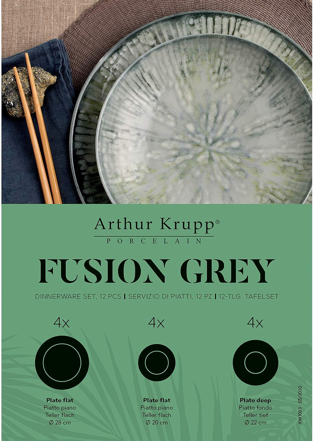 Service de table en porcelaine gris Fusion 67351GA2, 12 pièces