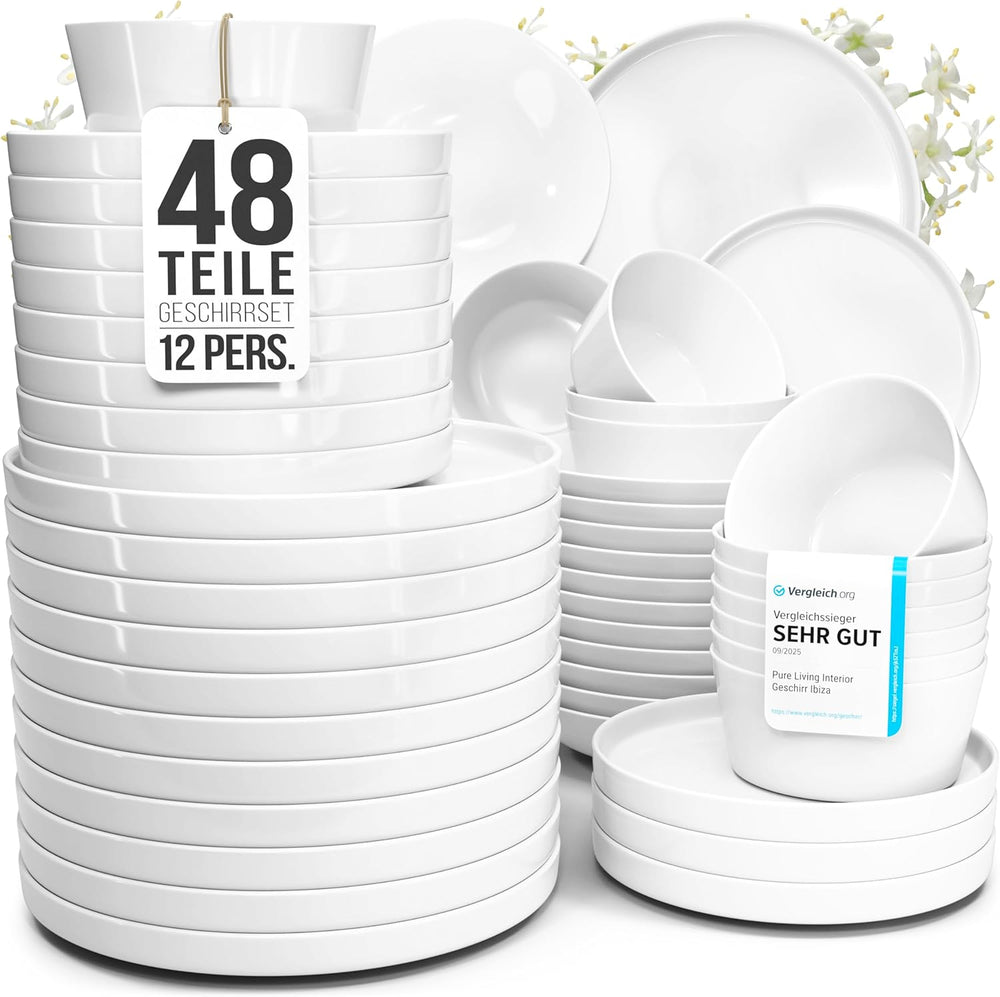 Service de table en porcelaine Crystal 48 pièces, gagnant du test, service de table en porcelaine transparente, bols et assiettes, service de table pour 12 services de table Pure Living en blanc