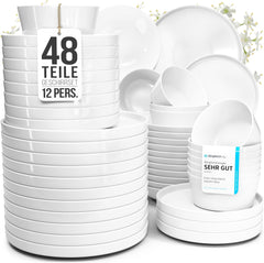 Service de table en porcelaine Crystal 48 pièces, gagnant du test, service de table en porcelaine transparente, bols et assiettes, service de table pour 12 services de table Pure Living en blanc