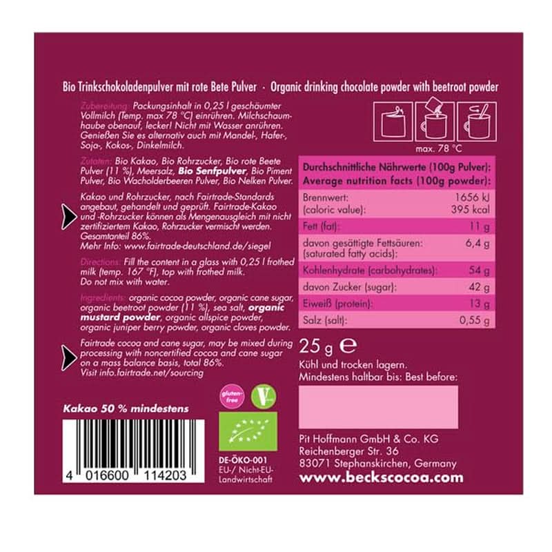 Beet Me Up!, Cacao fin aromatisé à la betterave, 25 grammes de Cacao et Chocolat Chaud Naty Shop