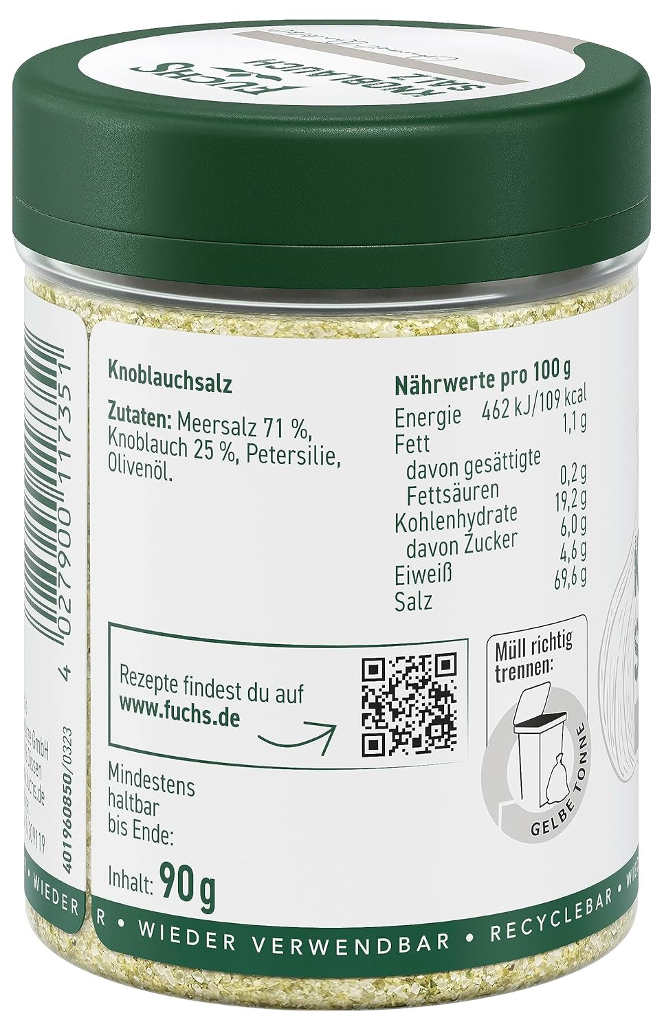 Fuchs Gewürze - Knoblauchsalz - Gewürzsalz für Dips, Saucen und Gemüse - ingrédients naturels - 90 g en dose variable, recyclable