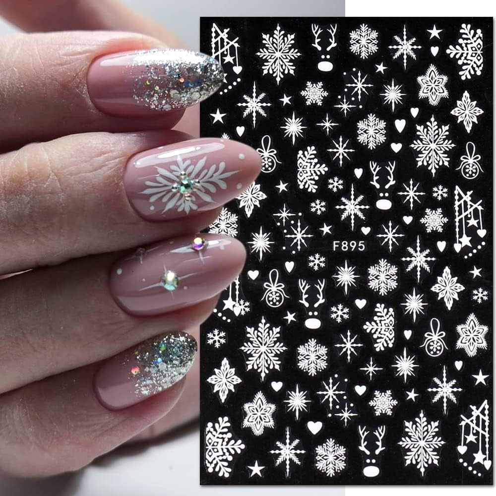 JMEOWIO Nagelsticker Weihnachten 8 Blatt Nagelaufkleber Selbstklebend Weiße Schneeflocken Winter Nail Art Sticker Dekoration Nageldesign Zubehör