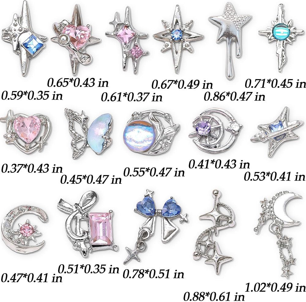 16 Style Luxus Mond Stern Nagel Charms 3D Nail Charms Y2K Legierung Strasssteine ​​​​Bogen Schmetterling Nagel Schmuck Metall Nail Art Charms Nägel Glitzersteine ​​​​Nailart Strass Nageldesign Zubehör