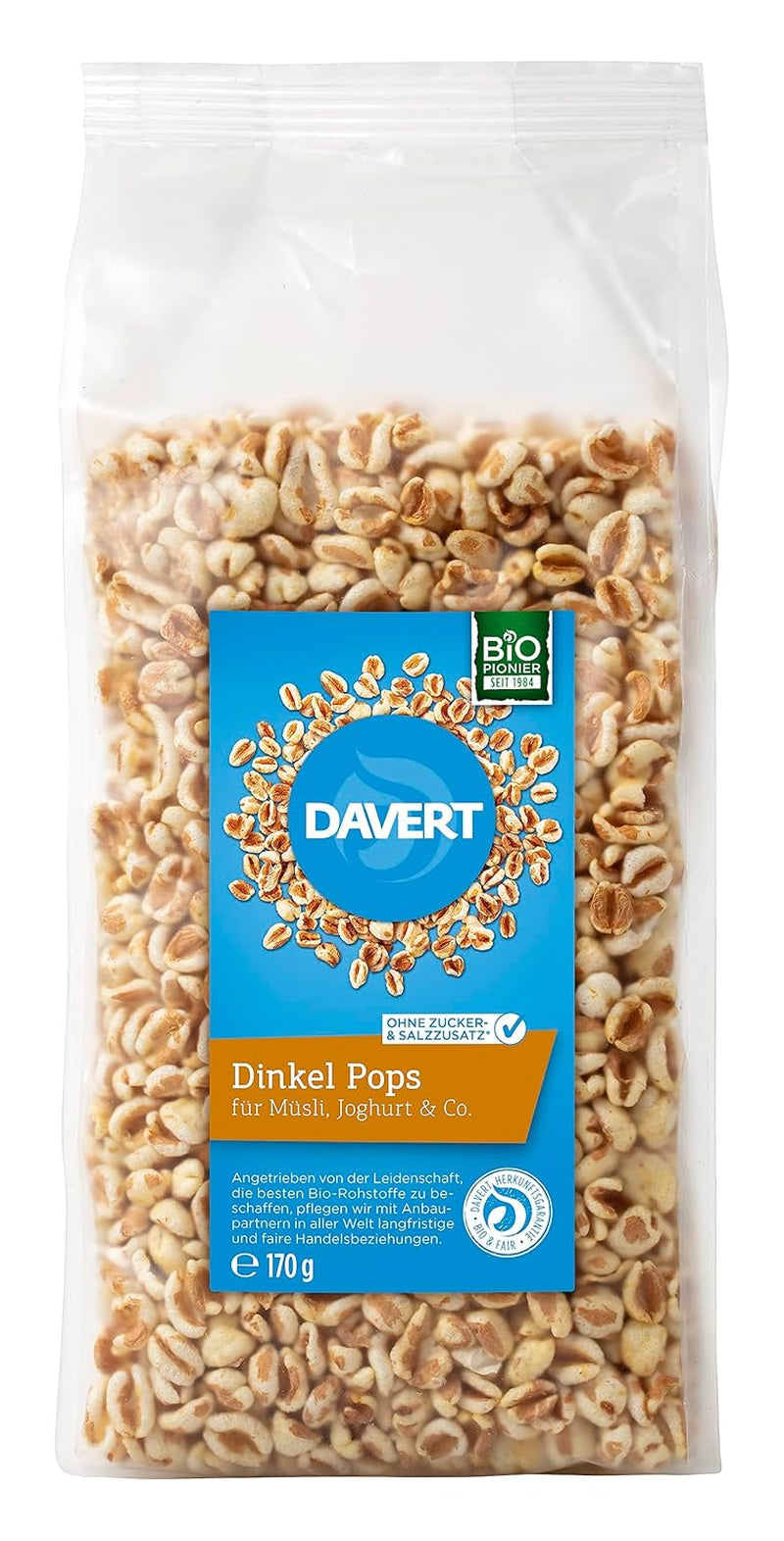 Sucettes d'Épeautre Davert 170 g – Haricots d'épeautre expansés aromatisés, aérés et légers au goût délicat de torréfaction – Qualité 100% Bio Davert (1 x 170 g)