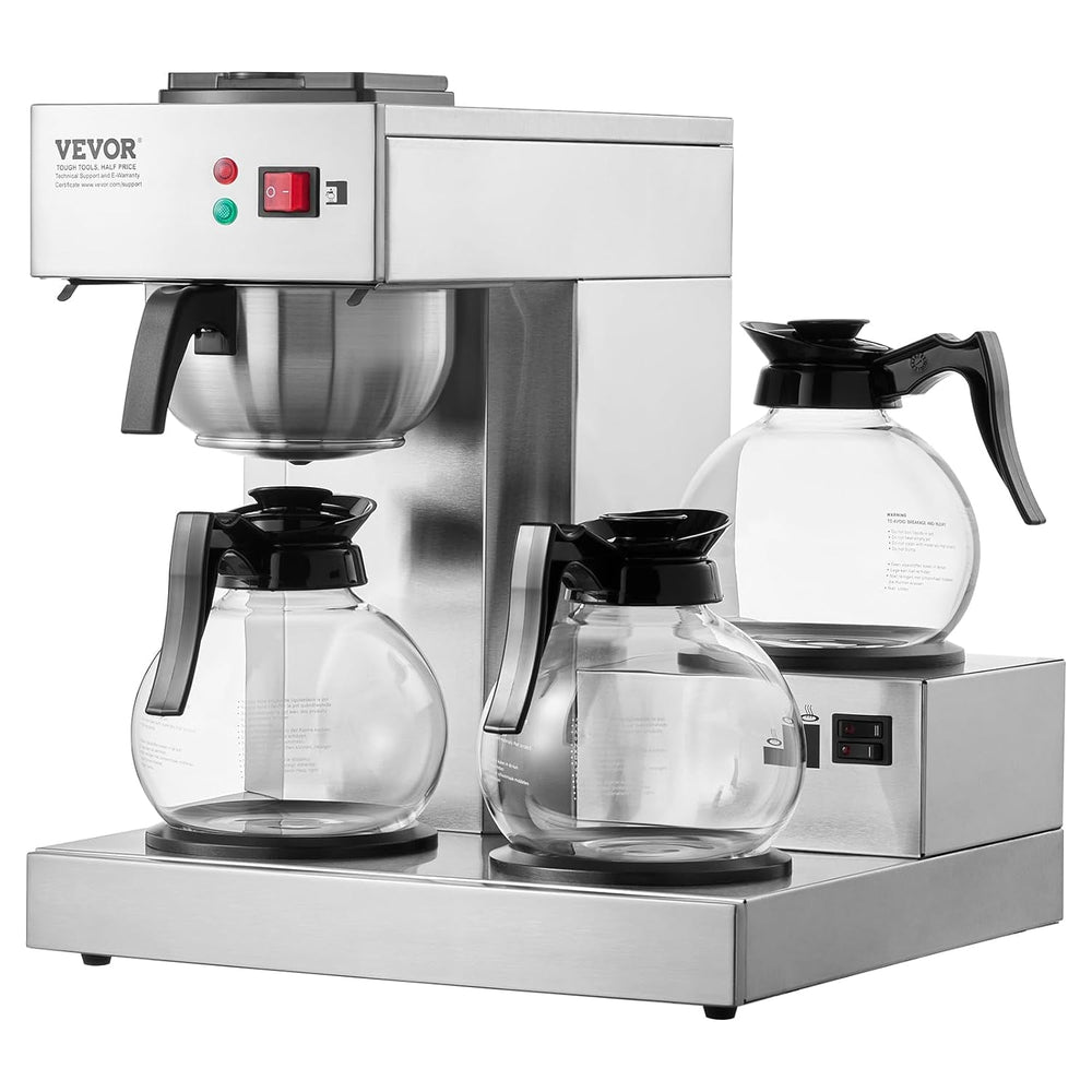 VEVOR Machine à expresso à filtre commerciale de 12 tasses avec 3 carafes en verre et 3 plaques chauffantes Machine à expresso en acier inoxydable avec alimentation en eau automatique pour restaurant, bureau, café