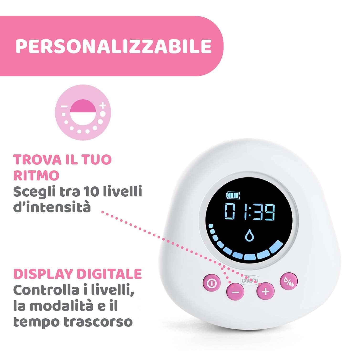 Tire-lait électrique Chicco avec phases de stimulation et d'extraction, 10 niveaux d'intensité, confortable et rapide, forme ergonomique, avec tétine inclinée et capuchon étanche, blanc, 150 ml Accessoires Alimentation et Allaitement Bebe Naty Shop